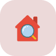 Red house icon with a blue magnifying glass over it, centered on a rounded pink square background—perfect for representing coastal termite and pest control services.