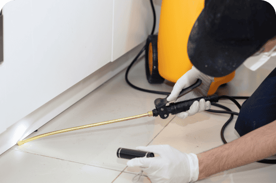 A person wearing gloves uses a pest control sprayer under a kitchen cabinet, with a yellow container in the background, demonstrating coastal termite and pest control measures.