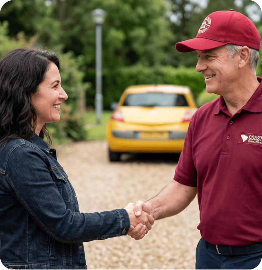 A woman and a man in a maroon uniform and cap, representing Coastal Termite and Pest Control, shake hands outside near a yellow car, with greenery in the background.