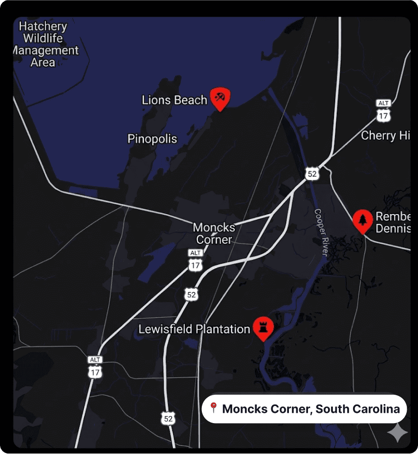 A map highlights Moncks Corner, South Carolina, with markers for Lions Beach, Pinopolis, and Lewisfield Plantation on a dark background—ideal for planning visits or locating nearby coastal termite and pest control services.