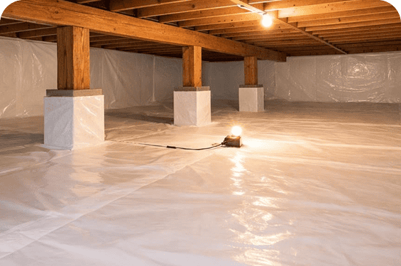 Crawl space with wooden beams and concrete supports, fully covered with white plastic sheeting and lit by a portable light—protected by coastal termite and pest control measures for lasting durability.