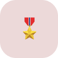 A gold star medal with a red ribbon and a blue and white stripe, displayed on a light pink rounded square background, symbolizes the excellence of coastal termite and pest control.