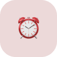 Red and white analog alarm clock icon with black hands, set against a light pink rounded square background—ideal for representing timely coastal termite and pest control reminders.